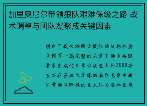 加里奥尼尔带领狼队艰难保级之路 战术调整与团队凝聚成关键因素