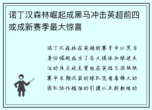 诺丁汉森林崛起成黑马冲击英超前四或成新赛季最大惊喜