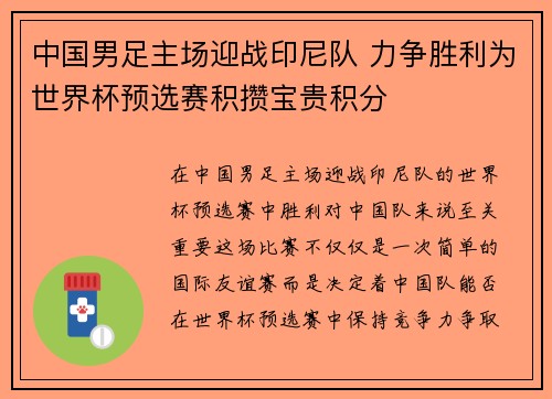 中国男足主场迎战印尼队 力争胜利为世界杯预选赛积攒宝贵积分